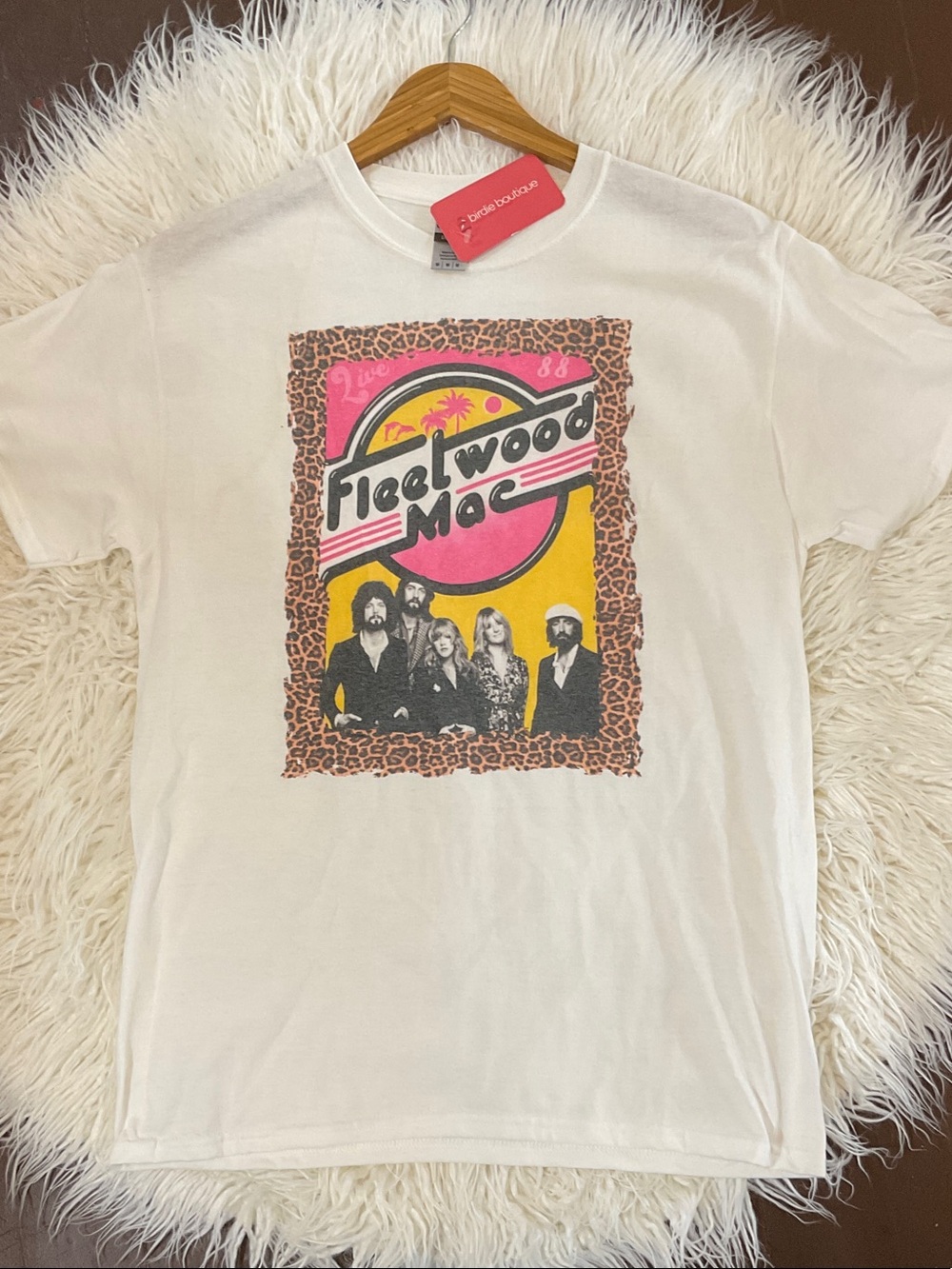 Gildan White Fleetwood Mac Graphic Tee with Pink & Yellow Print